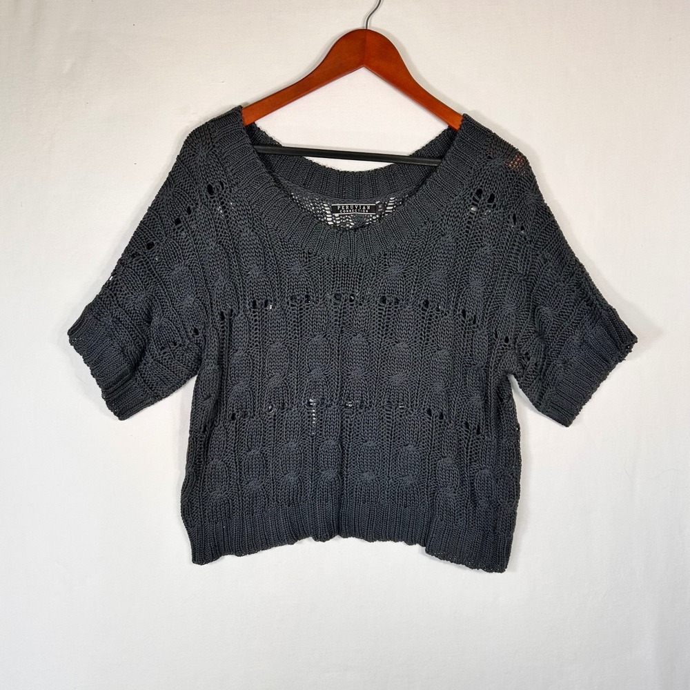 Peruvian Connection Womens Medium Gray Open Knit Short Sleeve Crop Sweater